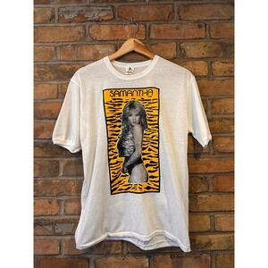 Vintage Samantha Fox T-Shirt Mens XL White 80s Pop Star Tiger Stripe Graphic Tee